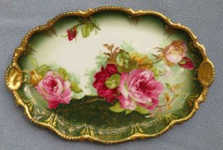 Limoges Coronet France Hand Painted Tray Large Roses With Heavy Gold Application