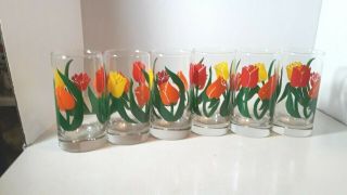 6 Vintage Drinking Glasses Bright Colored Tulips Heavy Glasses
