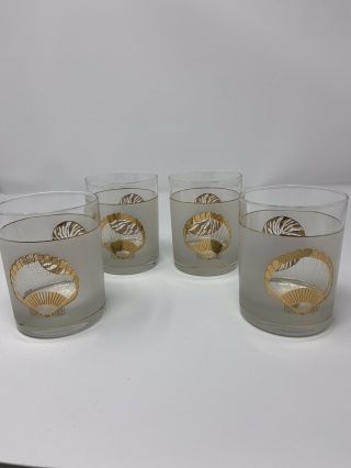Vintage Mid Century Culver Low Ball Glasses 22k Set Of Four Shell Time