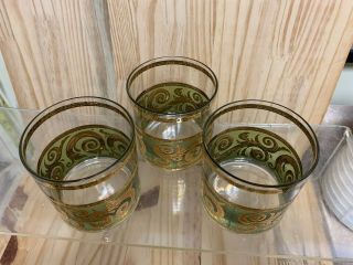 Vintage Culver Toledo Rocks Whiskey Glasses Green Swirl Scroll 22K Gold Trim (7) 2