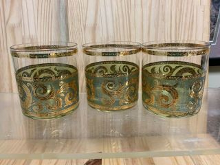 Vintage Culver Toledo Rocks Whiskey Glasses Green Swirl Scroll 22K Gold Trim (7) 3