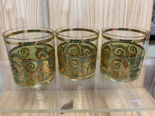 Vintage Culver Toledo Rocks Whiskey Glasses Green Swirl Scroll 22K Gold Trim (7) 4