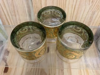 Vintage Culver Toledo Rocks Whiskey Glasses Green Swirl Scroll 22K Gold Trim (7) 5