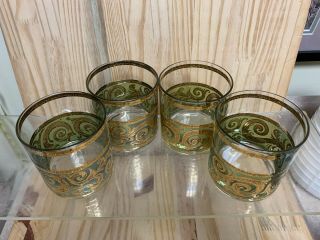 Vintage Culver Toledo Rocks Whiskey Glasses Green Swirl Scroll 22K Gold Trim (7) 6