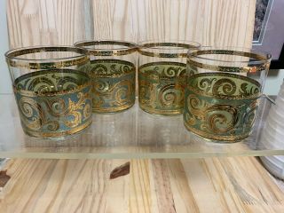 Vintage Culver Toledo Rocks Whiskey Glasses Green Swirl Scroll 22K Gold Trim (7) 7