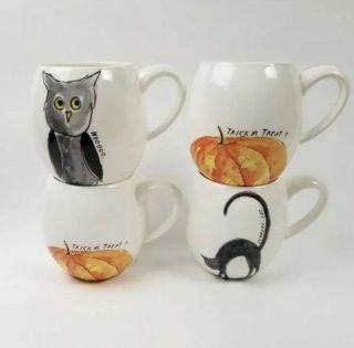 Rae Dunn Halloween Mugs 4 Piece Pumpkin Scaredy Cat Owl Fall Ivory Ceramic