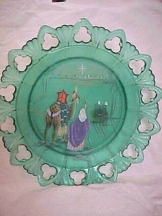 2000 Fenton Hand Painted Signed Green Glass Plate Le Christmas Mary & Joseph