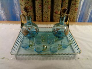 Gorgeous Oil & Vinegar Hand Painted Turquoise Glass Cruets W/cups & Tray