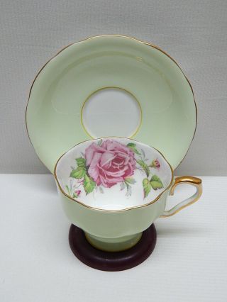 Aynsley Bone China Green Cup & Saucer W/ Cabbage Rose