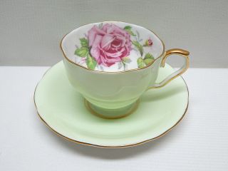 Aynsley Bone China Green Cup & Saucer w/ Cabbage Rose 4
