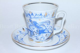 Russian Imperial Lomonosov Porcelain Mug And Saucer Russian Troika / Three Horse
