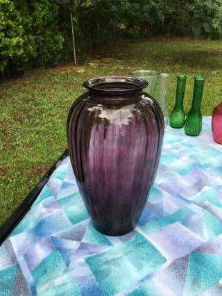 Vintage Large Iridescent Purple Swirl Hand Blown Art Glass Vase 12 X 7 "