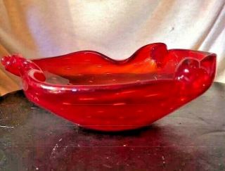 Vintage Murano Glass Of Italy Bullicante Form Edge Bowl In Red/orange 1960 