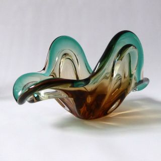 Vintage 60s/70s Murano/czech Art Glass Bowl/dish.  Biomorphic Green/amber Lobed