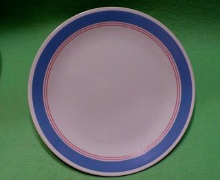 Set Of 8 Corelle By Corning 10 1/4 " Plates.  Thick Blue & Two Thin Pink Stripes