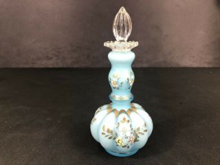 Vintage Fenton? Blue Perfume Bottle Hand Painted Gold And Flowers 7 1/4”