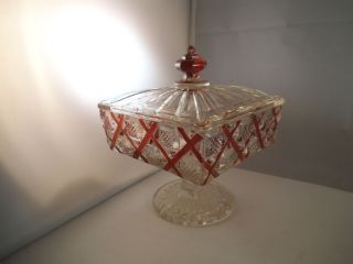 Vintage Westmoreland Old Quilt Clear Glass Ruby Flash Pedestal Candy Dish