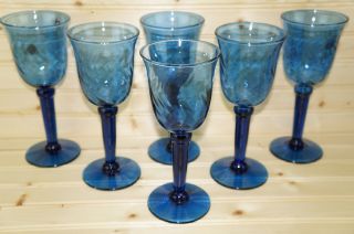 (6) Cobalt Blue Optic With Flare Water 12 Oz Goblets - 8 1/2 " Tall Hand Blown