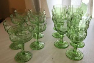 Vintage Green Depression Glass - 7 Goblets & 7 Sorbet Glasses
