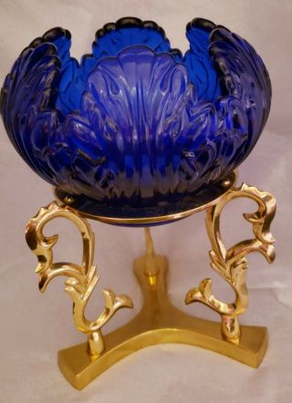 Vintage Fenton Art Glass Cobalt Blue Rose Bowl With Brass Stand