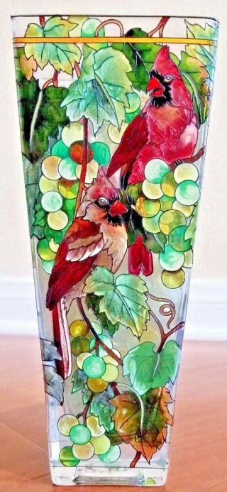 Amia Birds Cardinal Stained Glass Look Hand Painted Vase 10 "