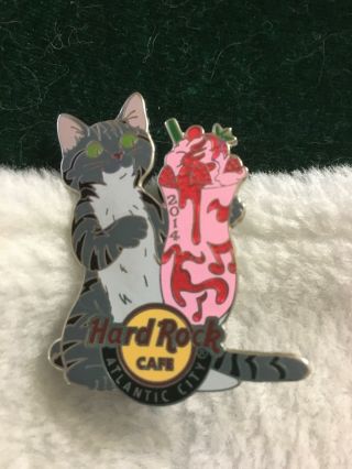 Hard Rock Cafe Pin Atlantic City Grey Tabby Cat W Paw Around Strawberry Sundae