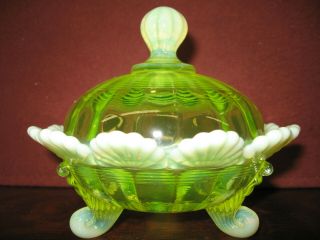 Vaseline Opalescent Glass Klondyke Pattern Covered Candy Dish Butter Uranium Art