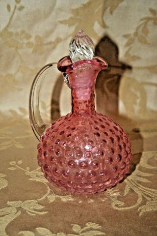 Vintage Fenton Style 4x6 " Cranberry Hobnail Glass Mini Perfume Pitcher & Stopper