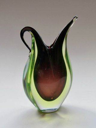 Murano Amethyst & Green Vaseline Glass Vase With Spout And Handle Vgc