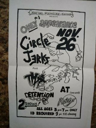 Circle Jerks Rare Orig 1984 Punk Concert Flyer / Poster,  Detention,  Tma,  Njhc