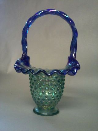 Fenton Art Glass Hobnail Basket With Ruffled Rim - Iridized Green & Cobalt Blue