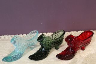 Vintage Set Of 3 Fenton Hobnail Glass Cat Face Shoes Ruby Red,  Blue & Green