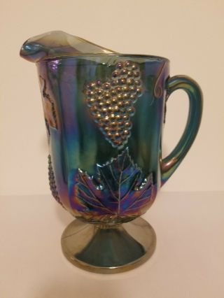 Indiana Carnival Glass Iridescent Blue Large Pitcher Harvest Grape Vintage