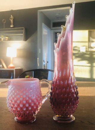 VINTAGE FENTON CRANBERRY & WHITE OPALESCENT HOBNAIL VASE W/ RUFFLED EDGE AND CRE 3
