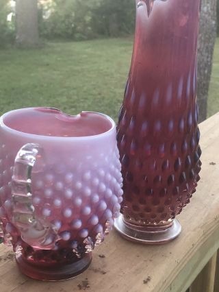 VINTAGE FENTON CRANBERRY & WHITE OPALESCENT HOBNAIL VASE W/ RUFFLED EDGE AND CRE 7