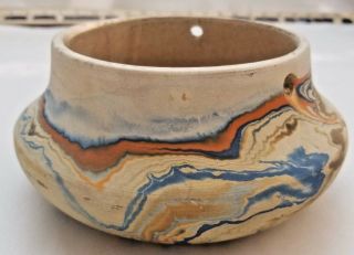 Nemadji Handmade Pottery Clay Pot - Blue/orange/brown Swirl Pattern - Stamped