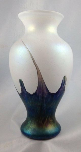 Heron Mouth Blown Glass Vase Iridescent Oil Spot Trailed Design Tube Shape 19cm