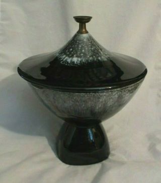 Mid - Century Ceramic Pedestal Black Drip Glaze Lidded Candy Dish