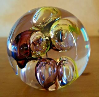Vintage Langham Glass Paperweight - Green And Purple Bubbles
