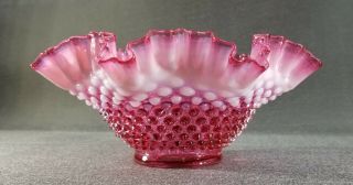 Vintage Fenton Cranberry Opalescent Glass Hobnail 9.  5 " Bowl Double Crimped Edge