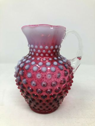 Fenton Cranberry Opalescent Hobnail Ruffled Small Pitcher 5 3/4 "
