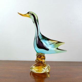Vintage Large Mid Century Murano Art Glass Duck Green Yellow 11 "
