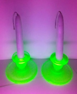 Pair Green Vaseline Uranium Candlesticks Candle Holders Antique Collectible