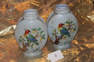 Wonderful Antique Satin Milk Glass Vase Hand Painted Bird Set Of 2