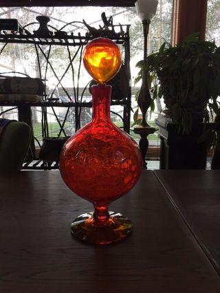 Vtg Mcm 16” Tangerine Blenko Crackle Glass Bottle Decanter Wayne Husted
