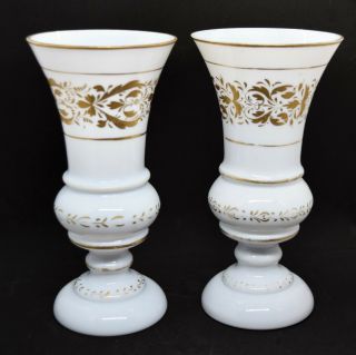Antique Opaline Milk Glass Urn Shaped Mantel Vases White Gold Gilding