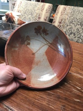 Hand Thrown Studio Pottery Bowl Stoneware Brown 4 LEAF CLOVERS 2.  25X9” Serving 2
