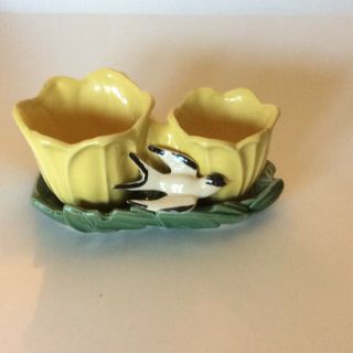 Vintage Mccoy Yellow Double Flower Pot/planter With Bird 1949