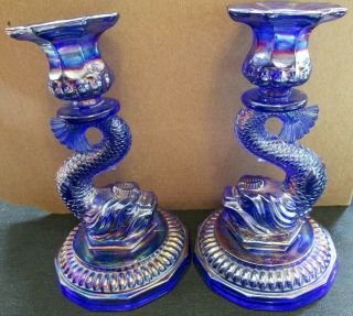 Gorgeous Vintage Blue Carnival Glass Dolphin Candlesticks Tops Come Off
