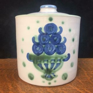 M.  A.  Hadley Pottery Bouquet 5 1/2 " Tall Canister Jar & Lid Storage Vtg Blueberry